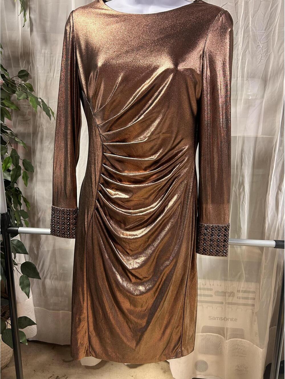 Calvin Klein Metallic Bronze Ruched Cocktail Dress Beaded Cuffs Womens Size 4